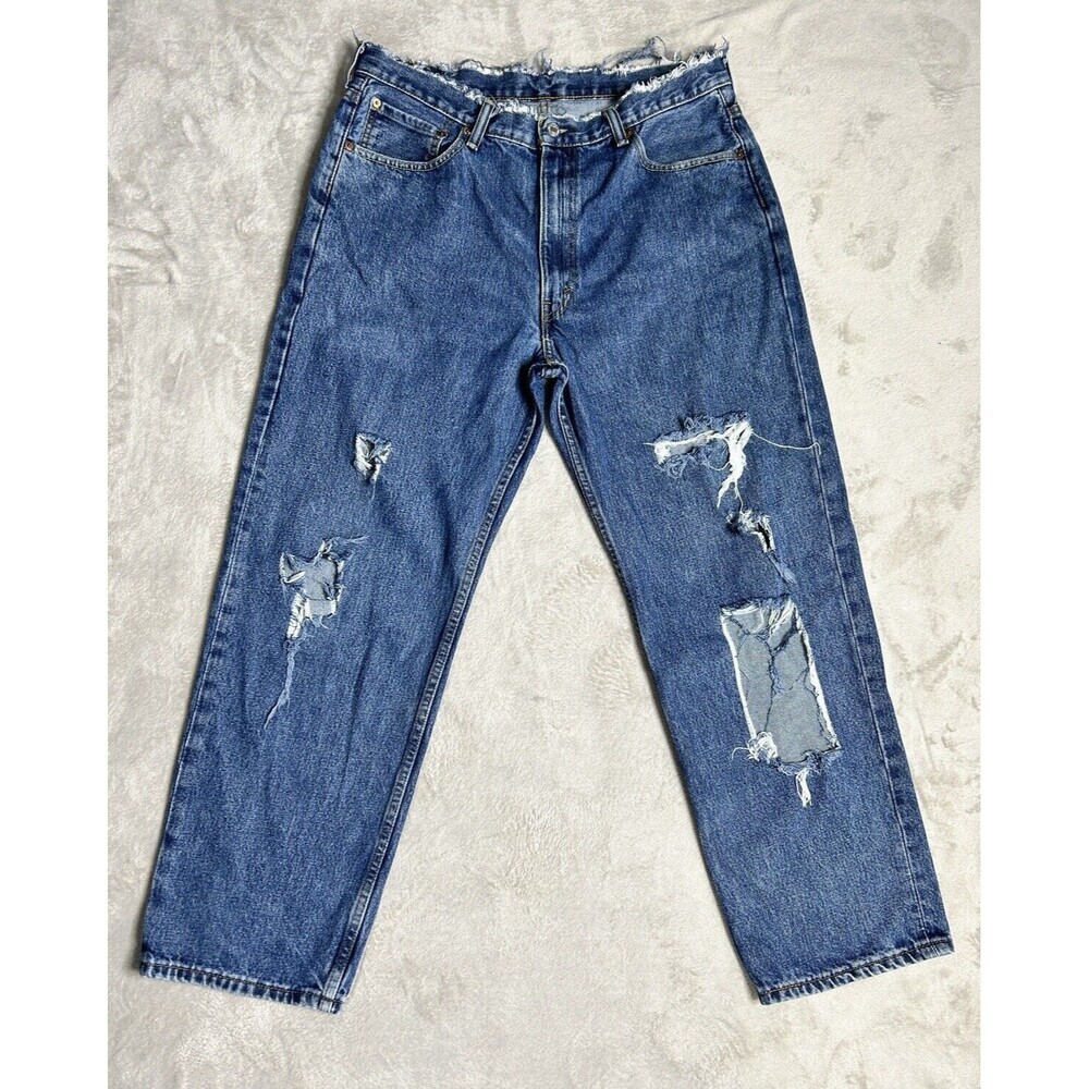 Levis 550 Jeans Men 36x30 (34x28) Blue Relaxed Distressed Raw Hem 100% Cotton